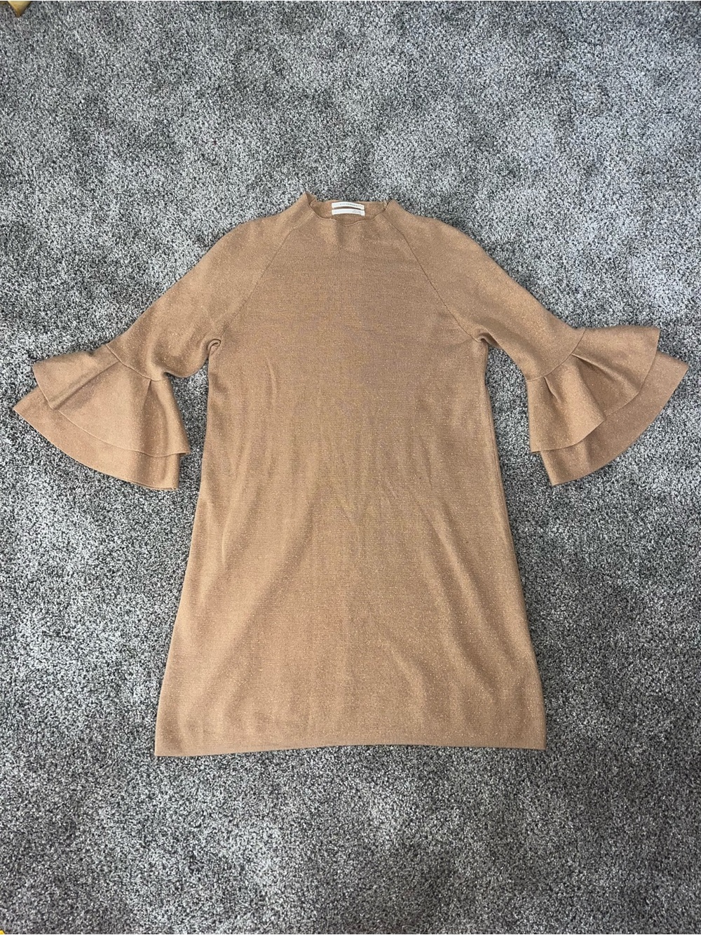 Anthropologie Brown Knit Shift Mini Dress Crew Neck Ruffle Bell Sleeve L